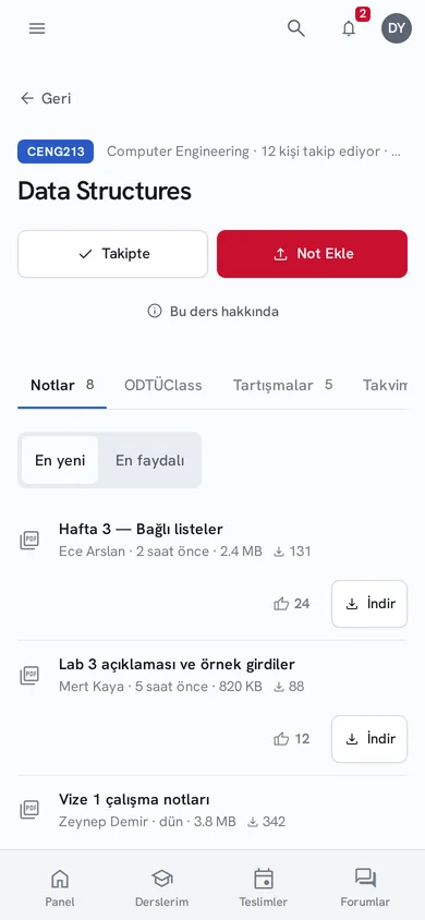 Telefonda bir ders sayfası