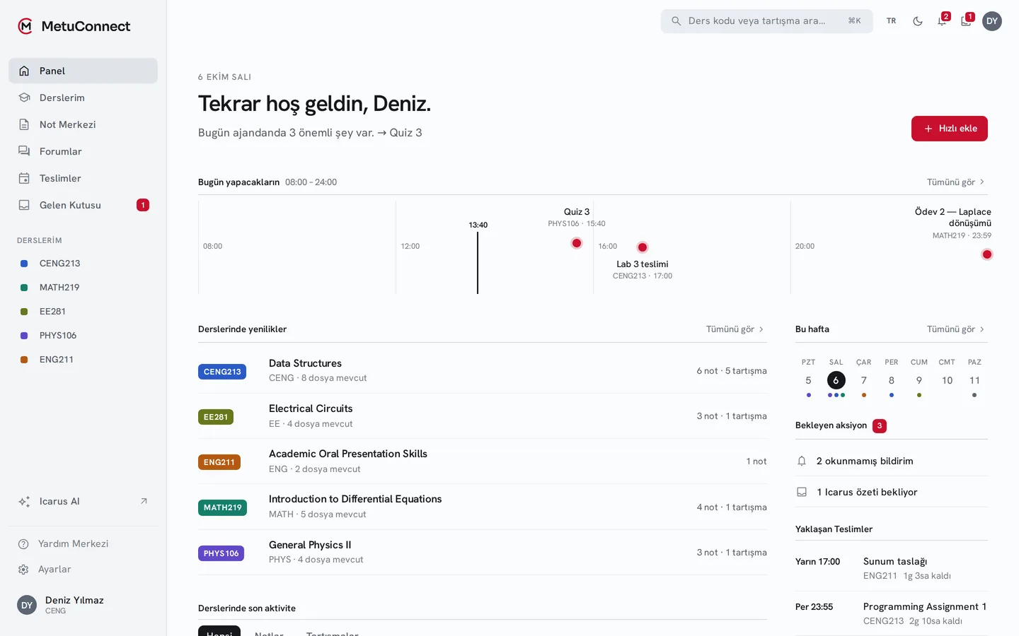 MetuConnect ana sayfası: bugünün teslimleri ve takip edilen derslerdeki yenilikler